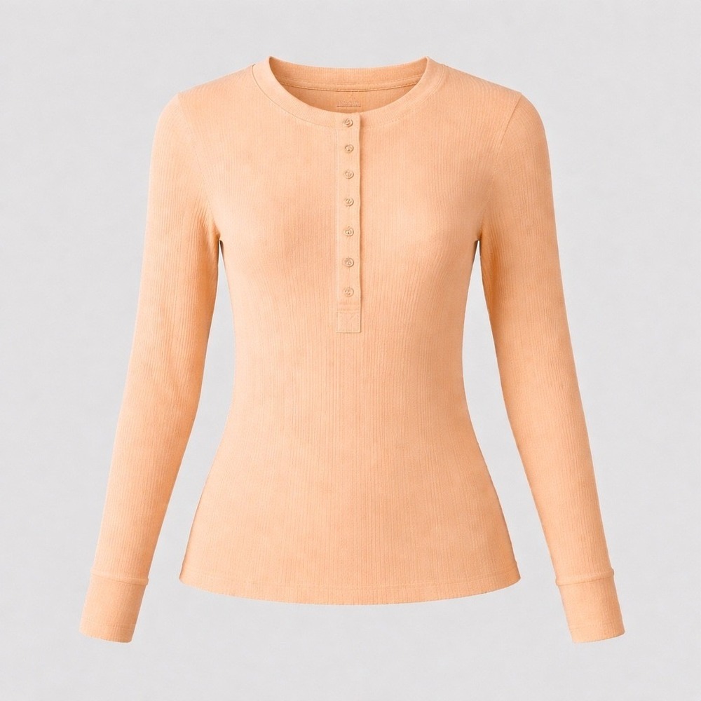 Aerie Womens Peach Waffle Knit Henley Long Sleeve‎ Thermal Top Medium